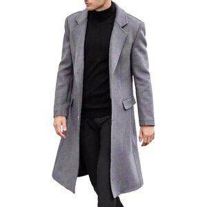 Men's Grey Slim Fit Casual Trench Coat Notched Collar Pea Coat with Pockets